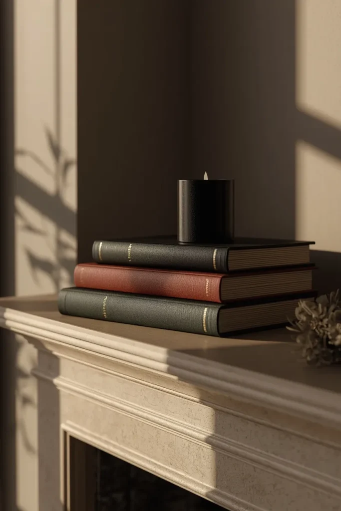 16 Modern Halloween Mantle Decor Ideas That Feel Fresh 7 modern fireplace mantel close-up, featuring a stack of four dark hardcover books