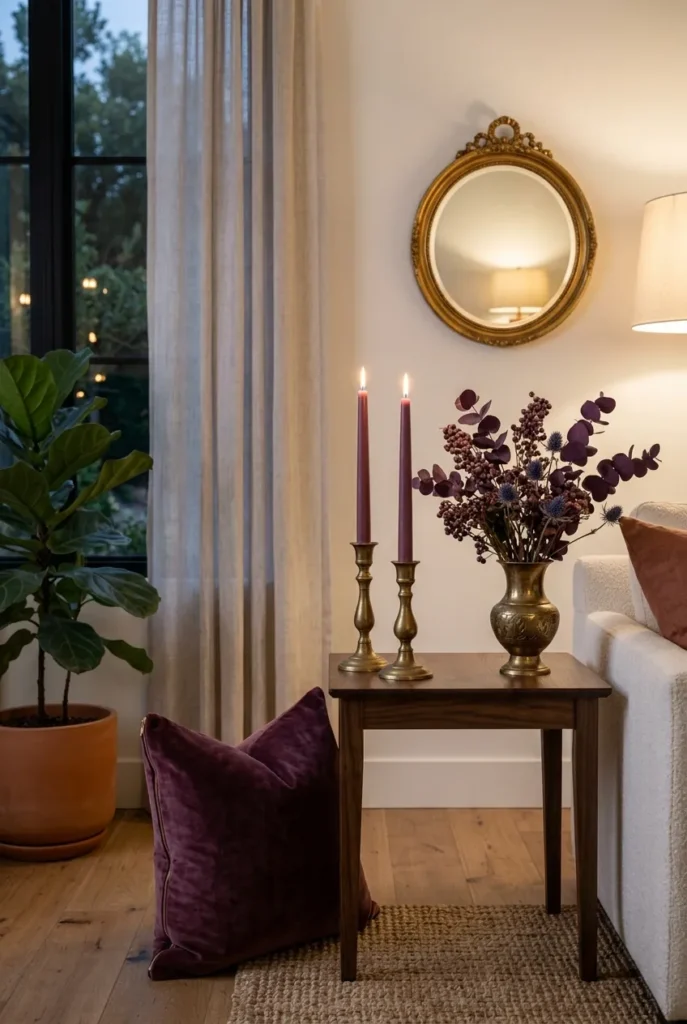  side table vignette, featuring a plum velvet pillow, aged brass candle holders