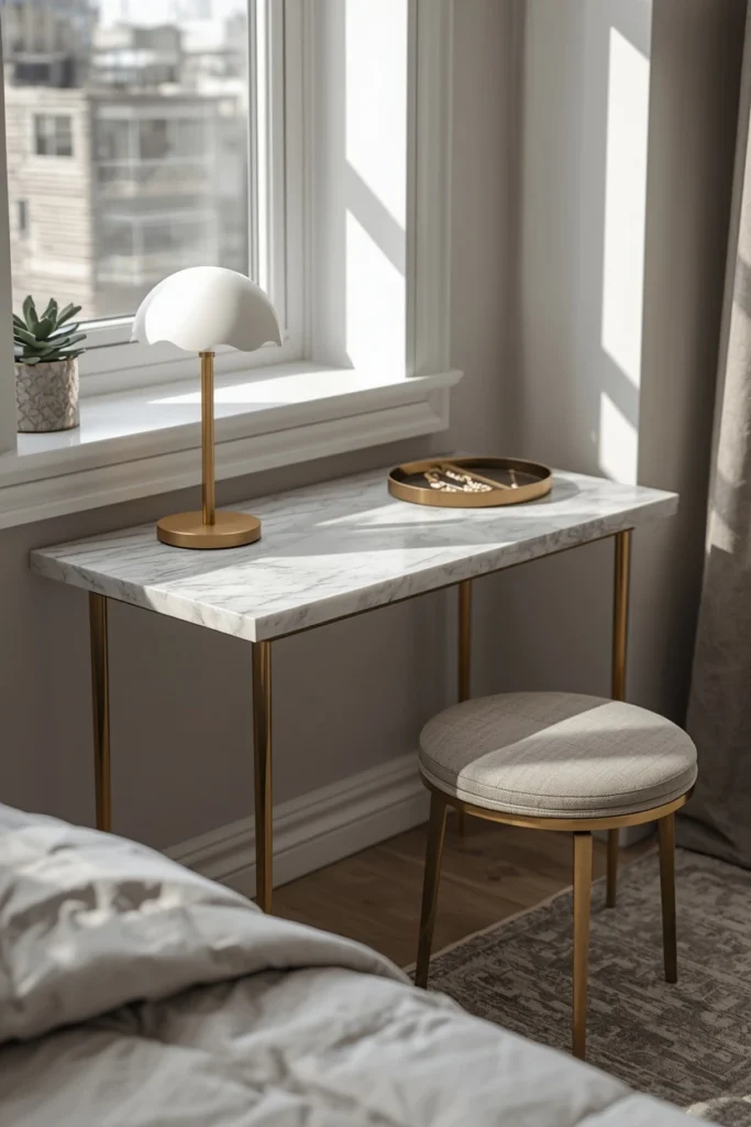  bedroom, featuring a marble-topped console table on slim brass tapered legs