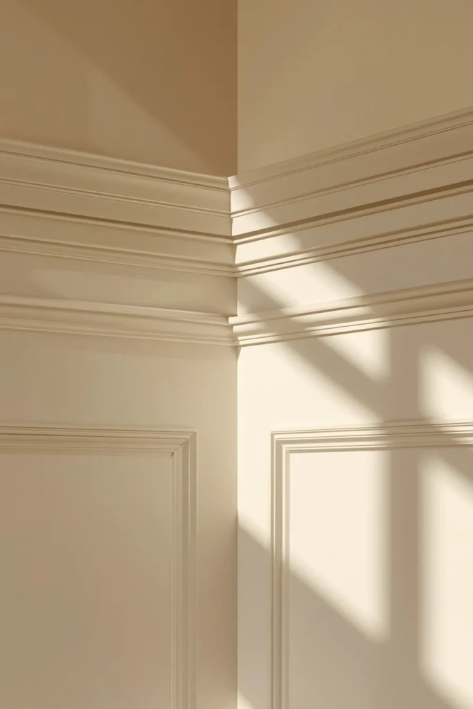  living room corner close-up, featuring stepped tiered crown molding painted 