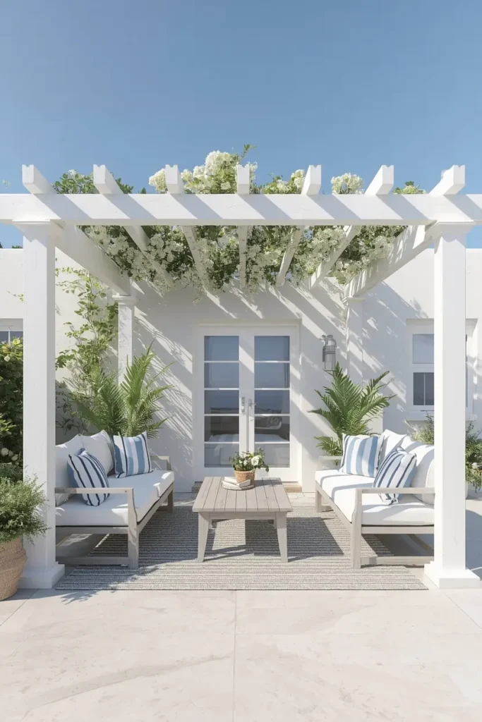coastal backyard patio, featuring a crisp white pergola with jasmine vines