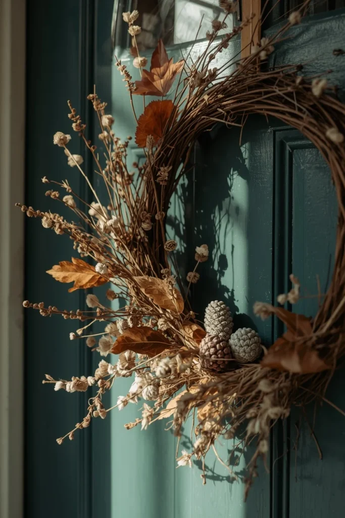 16 Simple Fall Porch Decor Ideas Anyone Can Pull Off This Season 7 front door close-up, featuring a handmade foraged wreath of dried leaves, small branches