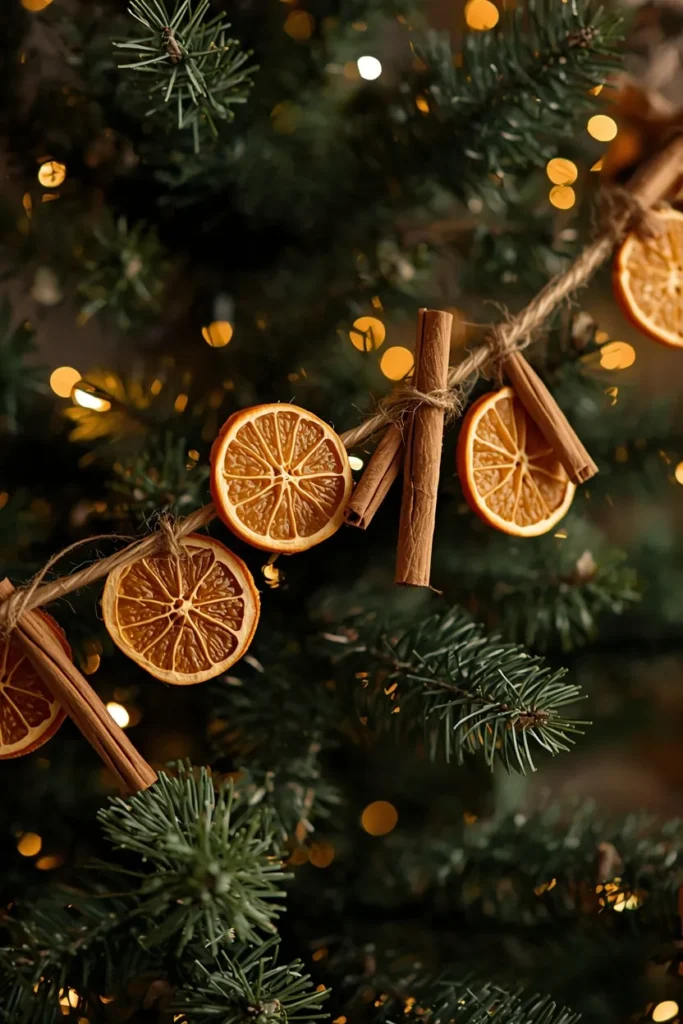 15 Simple Thanksgiving-to-Christmas Tree Transition Ideas 7 Christmas tree, featuring a handmade garland of dried orange slices