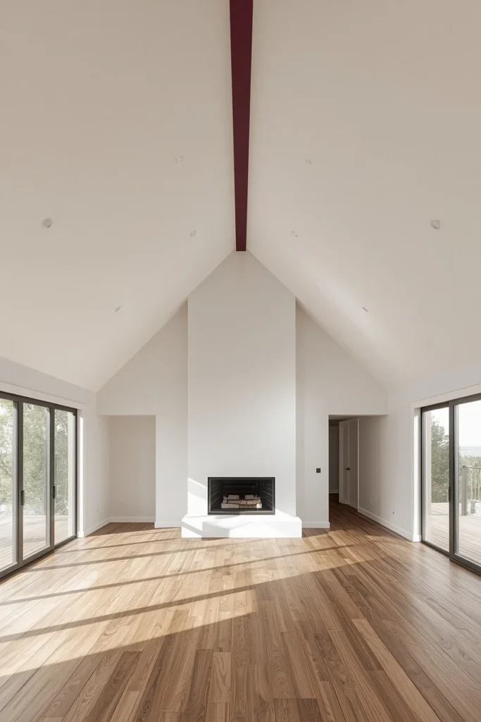 16 Striped Ceiling Ideas to Add Instant Personality Overhead 7 open-plan living room with a vaulted ceiling, featuring a single bold deep plum stripe