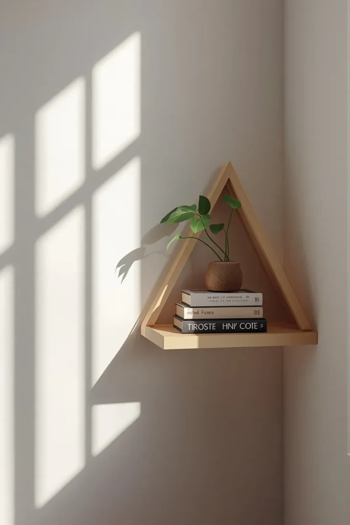 17 Tiny Bedroom Design Ideas for Couples (That Still Feel Romantic) 7 small bedroom corner, featuring a floating triangular corner shelf