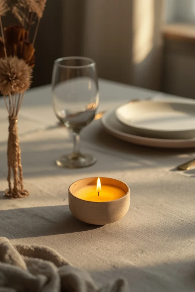 17 Understated Fall Decor Ideas for a Minimal, Modern Home 7 dining table shot, featuring a single lit beeswax candle in a simple ceramic holder,