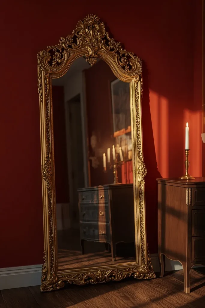 21 Vampy Romantic Bedroom Ideas for a Moody, Gothic-Chic Retreat 7 bedroom detail shot, featuring a large ornate gilded mirror with carved gold frame
