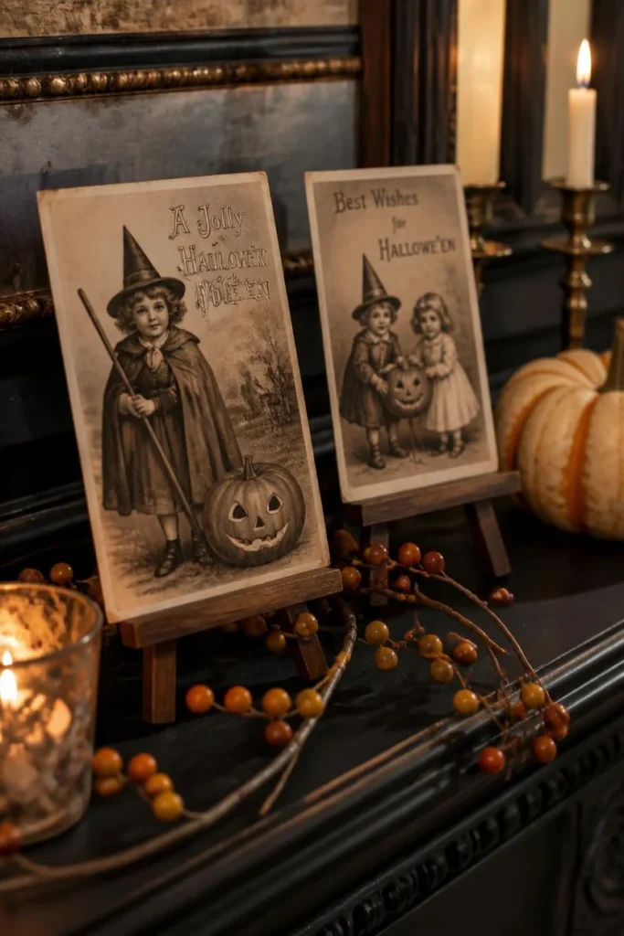 23 Vintage Halloween Decor Ideas That Look Straight Out of an Old Storybook 7 mantel display, featuring sepia-toned antique Halloween postcards