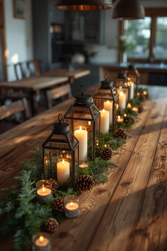 19 Ways to Decorate a Farmhouse Kitchen for Christmas (Cozy, Budget-Friendly Ideas) 7 farmhouse kitchen table, featuring a low centerpiece of glass lanterns