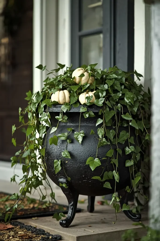 25 Whimsical Halloween Decor Ideas That Feel Spooky and Cute 7 front porch entry table, featuring a black cast-iron cauldron planter