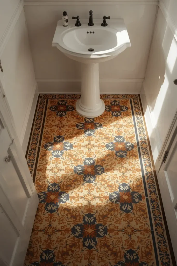 18 Bathroom Tile Ideas That Are Bold Enough to Transform Everything 8 powder room, featuring ornate vintage encaustic patterned floor tile in terracotta,