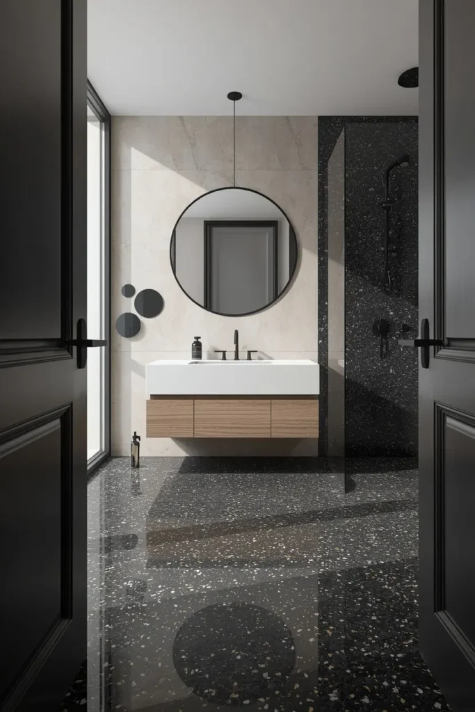 19 Black Bathroom Ideas That Are Dramatic, Chic & Completely Stunning 8 modern bathroom, featuring black terrazzo flooring flecked with white and brass chips