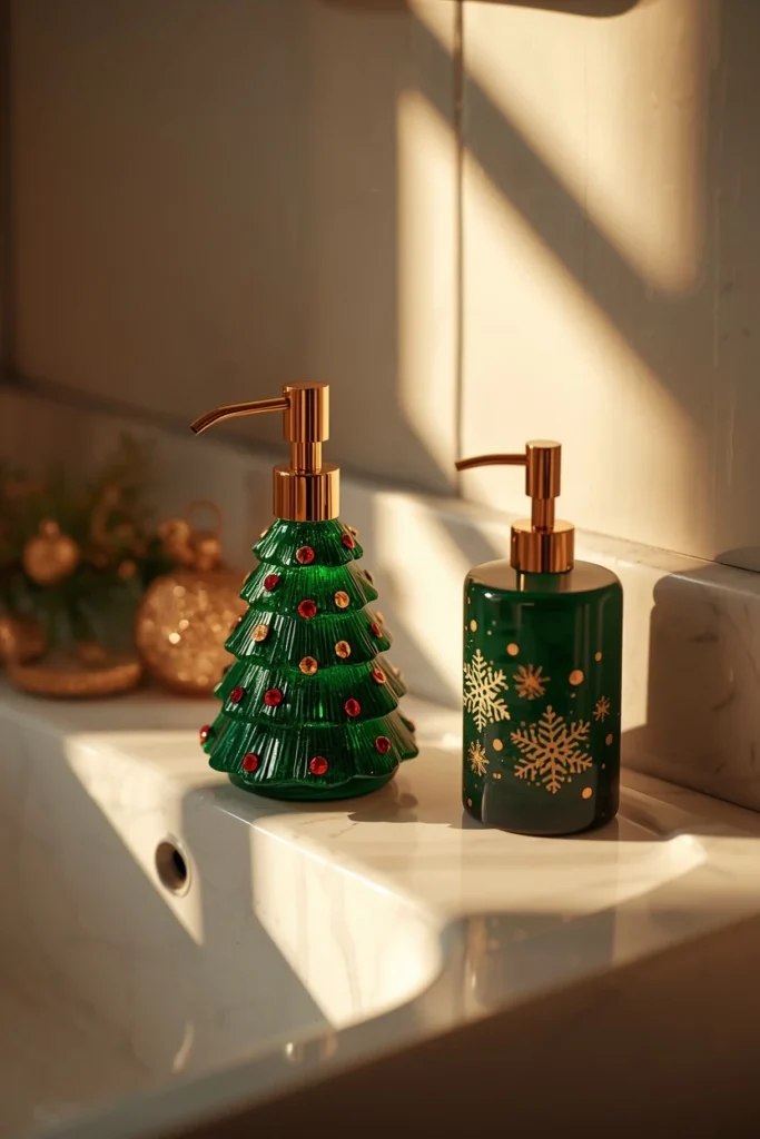 Christmas bathroom sink, featuring an emerald green Christmas tree-shaped soap dispenser