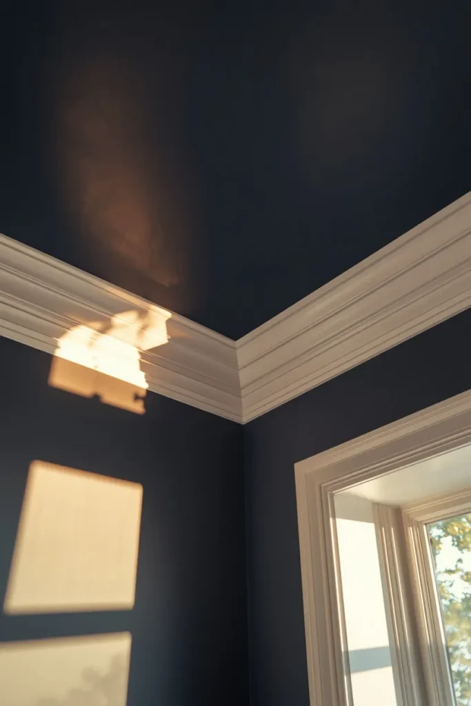 dining room detail shot, featuring crisp white crown molding contrasting 