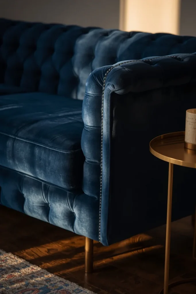 22 Cosmic Interior Design Ideas for a Starry, Galaxy-Inspired Home 8 c living room detail shot, featuring a deep midnight blue velvet channel-tufted sofa with brass legs