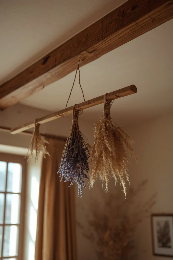 dining room ceiling detail, featuring a wooden drying rack with hanging bundles of dried lavender