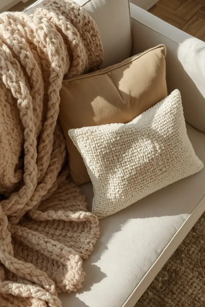 20 Cozy Warm Neutral Fall Living Room Ideas Anyone Can Recreate 8 living room close-up, featuring a chunky knit throw, a smooth velvet pillow