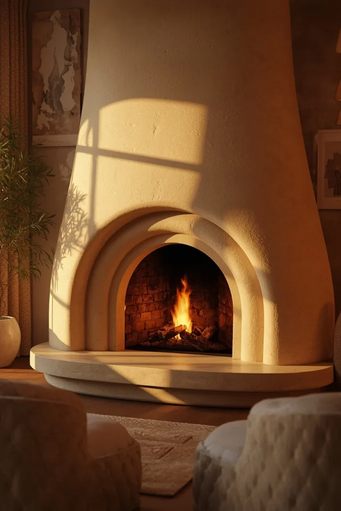 15 Curved Accent Wall Ideas to Soften a Boxy Room 8 living room, featuring a rounded plaster fireplace surround in warm bone tone