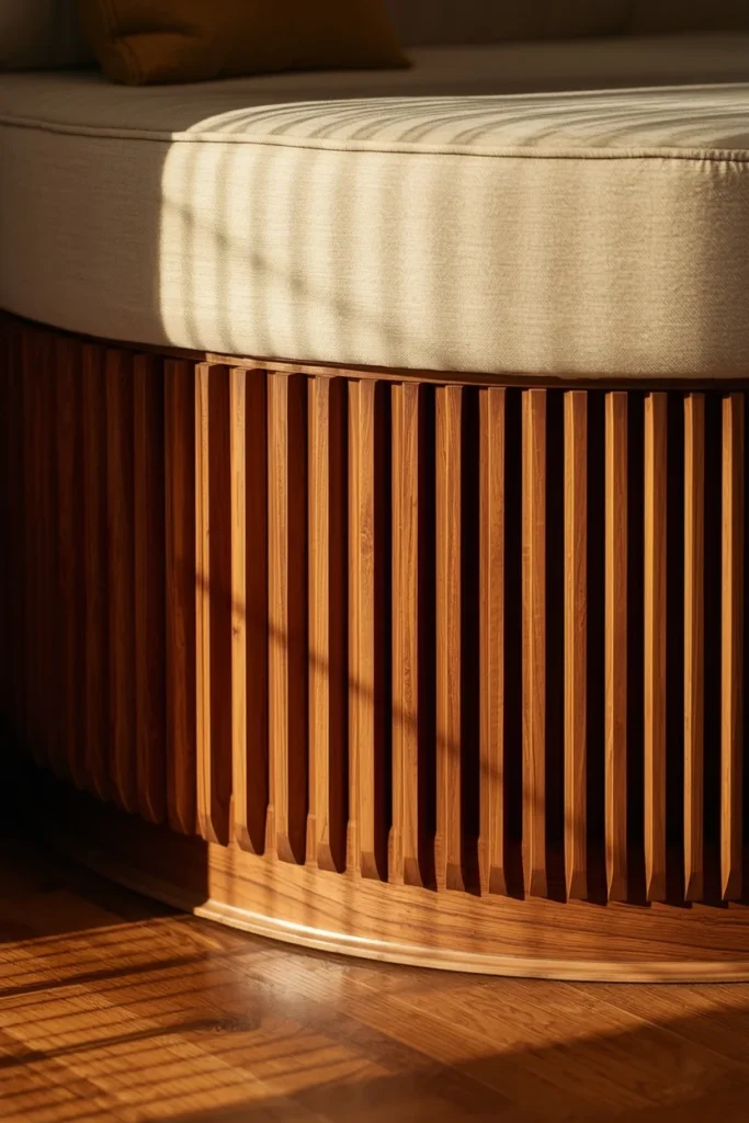  furniture base detail shot, featuring a curved banquette with a fluted walnut wood front panel 