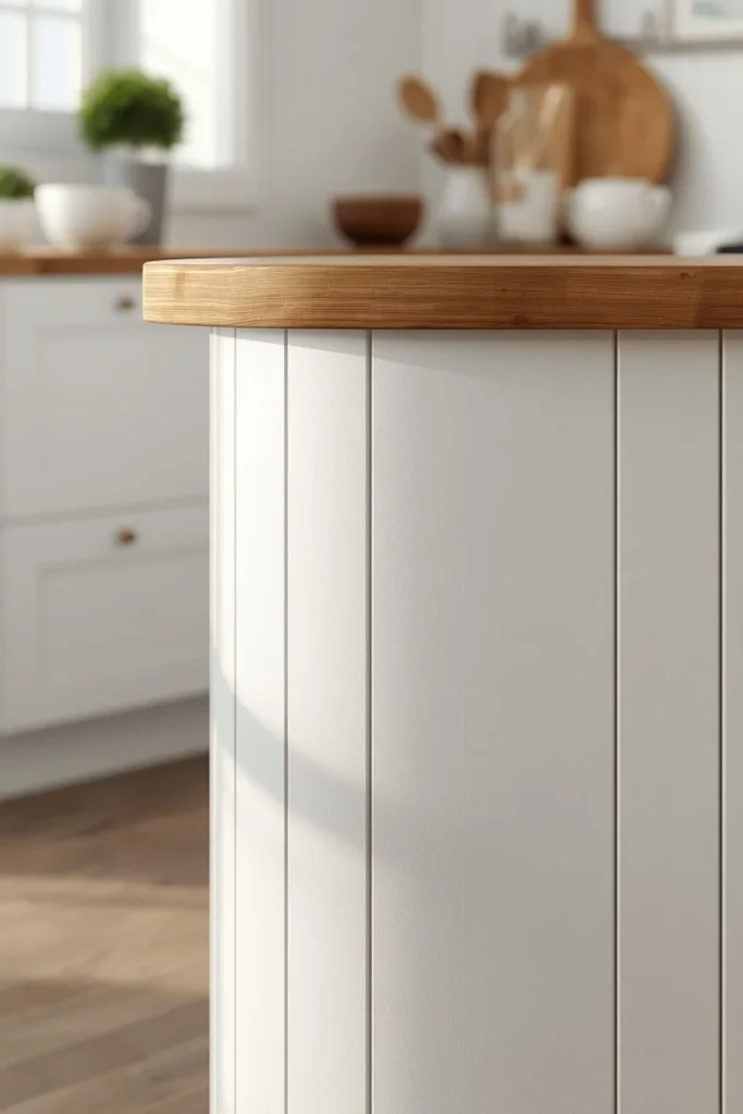 17 Curved Kitchen Peninsula Ideas for Better Small-Space Flow 8 kitchen peninsula close-up, featuring a curved face finished in small white shiplap paneling
