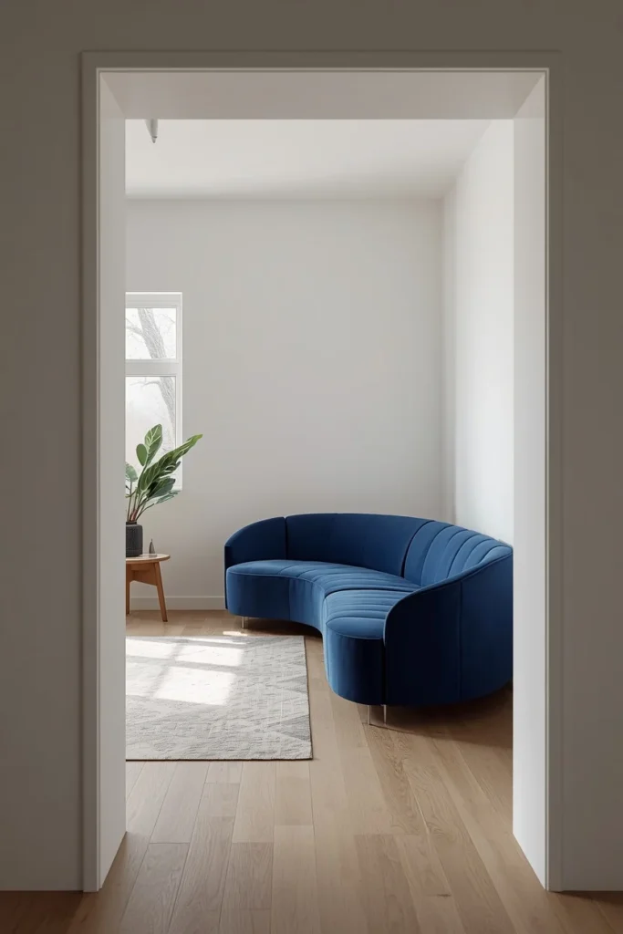  small square living room shot, featuring a strongly curved sofa in deep blue velvet 