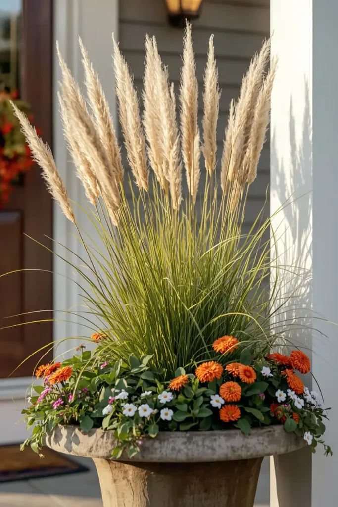  front porch planter, featuring a few stems of pampas grass 