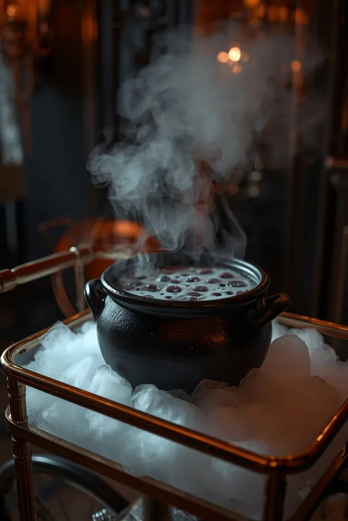 18 Elegant Halloween Dining Table Ideas for a Chic Fright Night 8 bar cart display, featuring a black cauldron-style bowl filled with dark punch and swirling dry ice fog