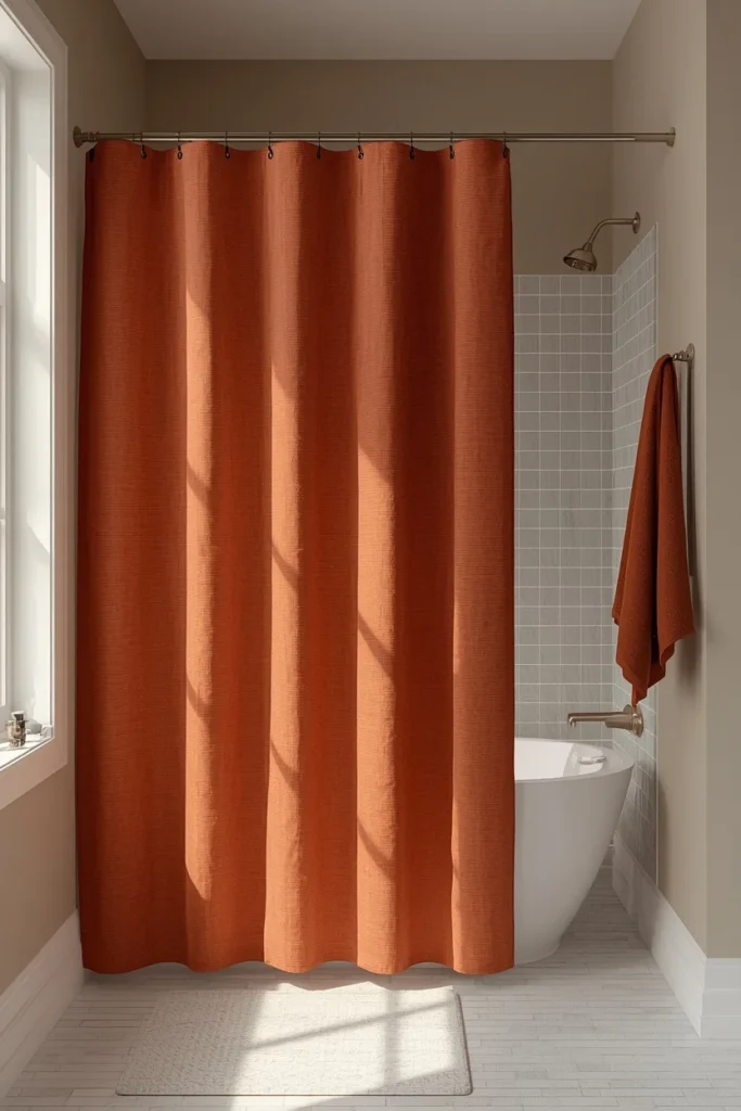 15 Fall Bathroom Decor Ideas for a Cozy Season Refresh 8 bathroom, featuring a warm rust-toned solid shower curtain with a subtle textured pattern