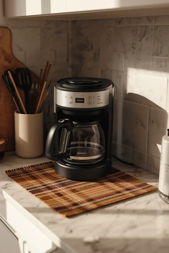 kitchen coffee station, featuring a small plaid runner