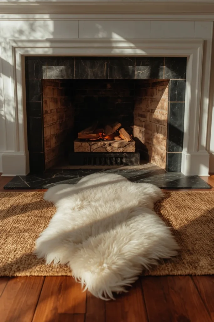 16 Fall Decor Ideas for the Space in Front of Your Fireplace 8 living room fireplace, featuring a jute rug layered with a cream sheepskin placed slightly off-center