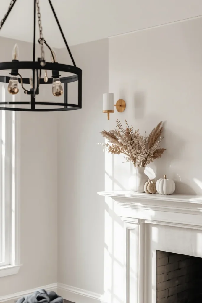  modern farmhouse living room, featuring a black metal chandelier hanging near the fireplace