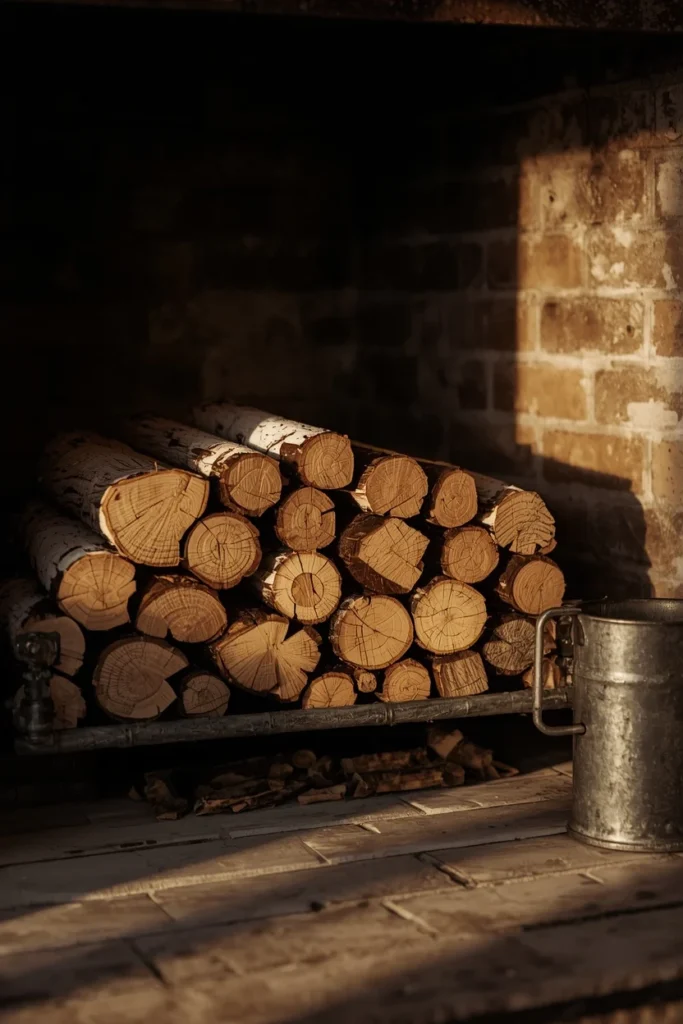  fireplace hearth close-up, featuring neatly stacked birch logs arranged in a crisscross pattern