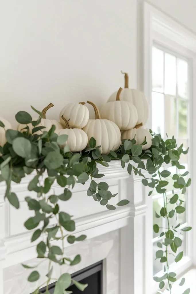 living room mantel, featuring clusters of white pumpkins in varying sizes interspersed 