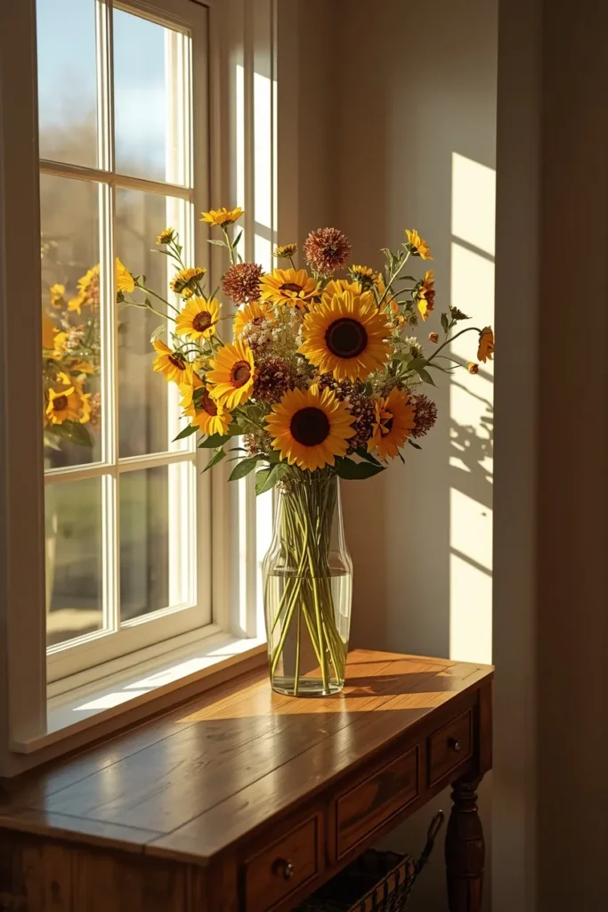 entryway console, featuring a tall vase filled with fresh sunflowers in varying centers