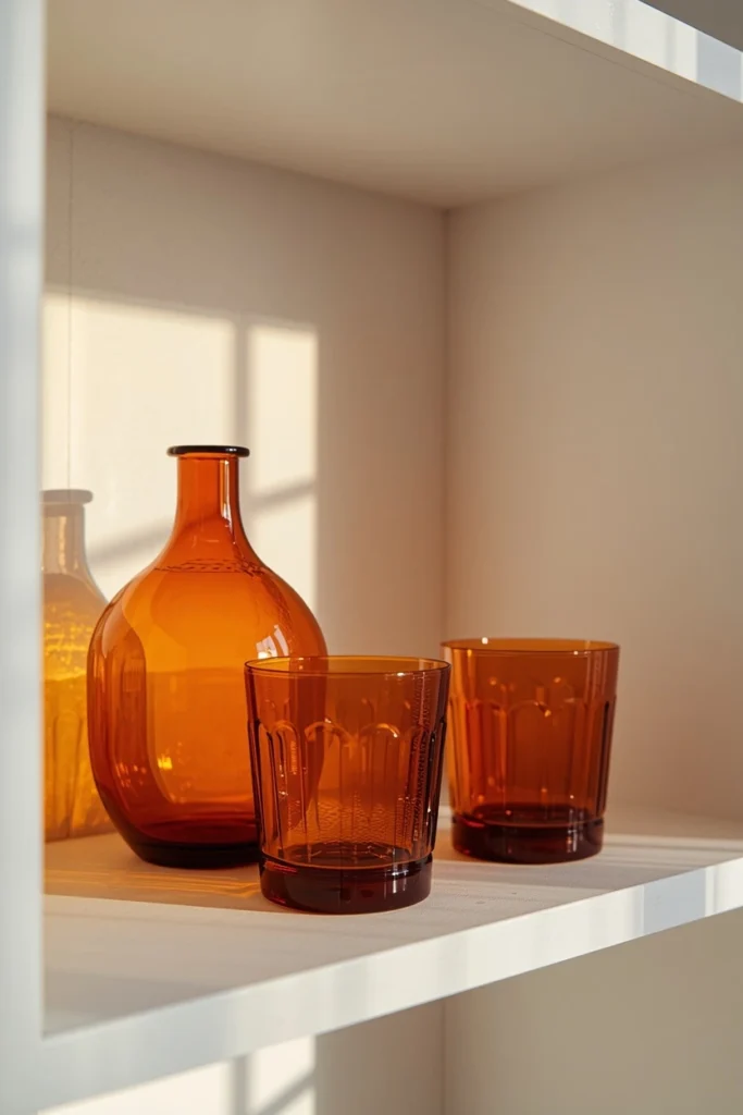 17 Fall Kitchen Countertop Decor Ideas That Feel Cozy, Not Cluttered 8 kitchen shelf shot, featuring three pieces of amber glassware including a vase