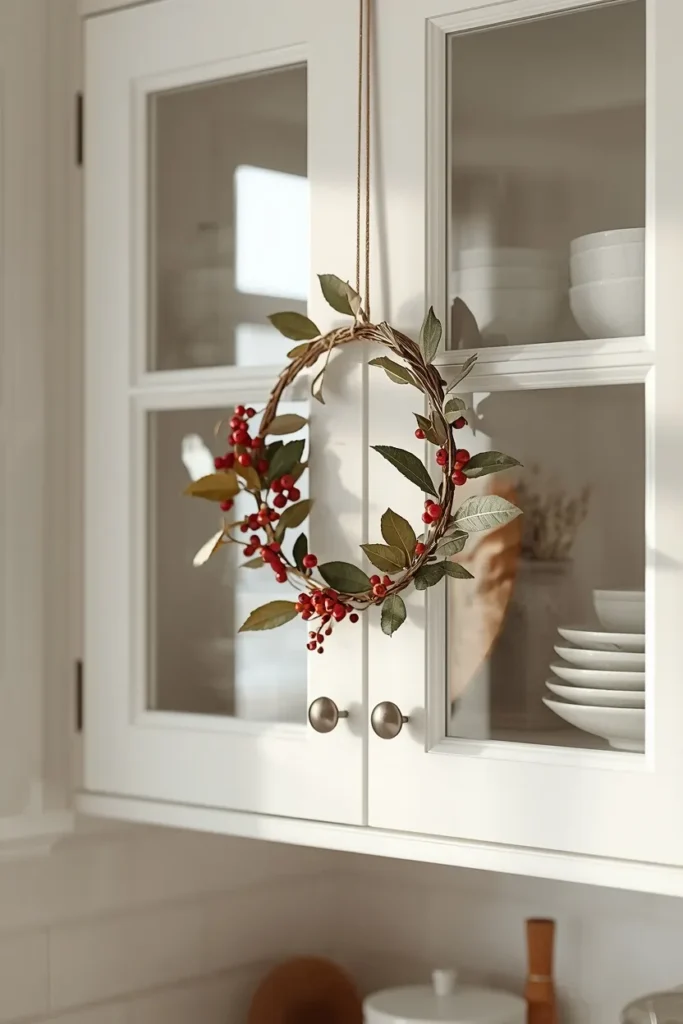 20 Fall Kitchen Decor Ideas That Are Easy to Recreate 8 kitchen close-up, featuring a small dried leaf and berry wreath hung on a glass-front kitchen cabinet