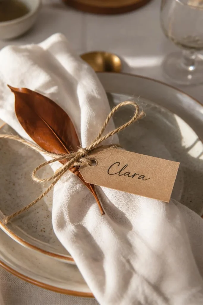 18 Fall Table Setting Ideas for Cozy Autumn Dinners 8 place setting close-up, featuring a small kraft paper place card