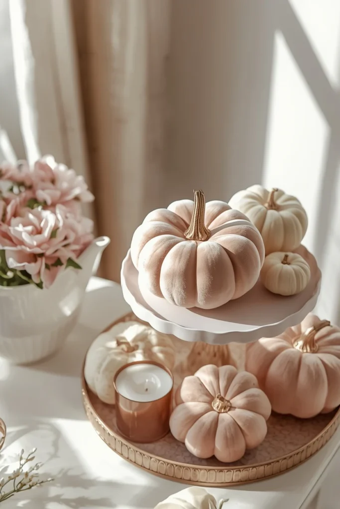  tiered tray close-up, featuring soft blush and cream velvet pumpkins on a scalloped stand,