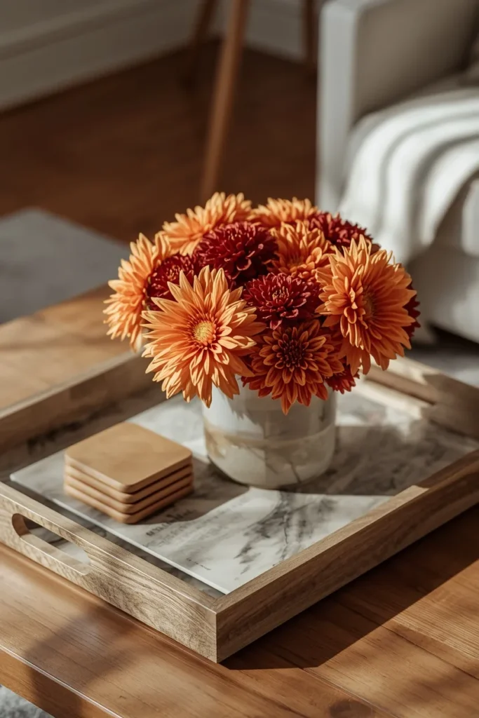 15 Fall Tray Decor Ideas to Style Your Coffee Table Like a Pro 8 coffee table tray, featuring a low vase of fresh dahlias and mums in warm orange