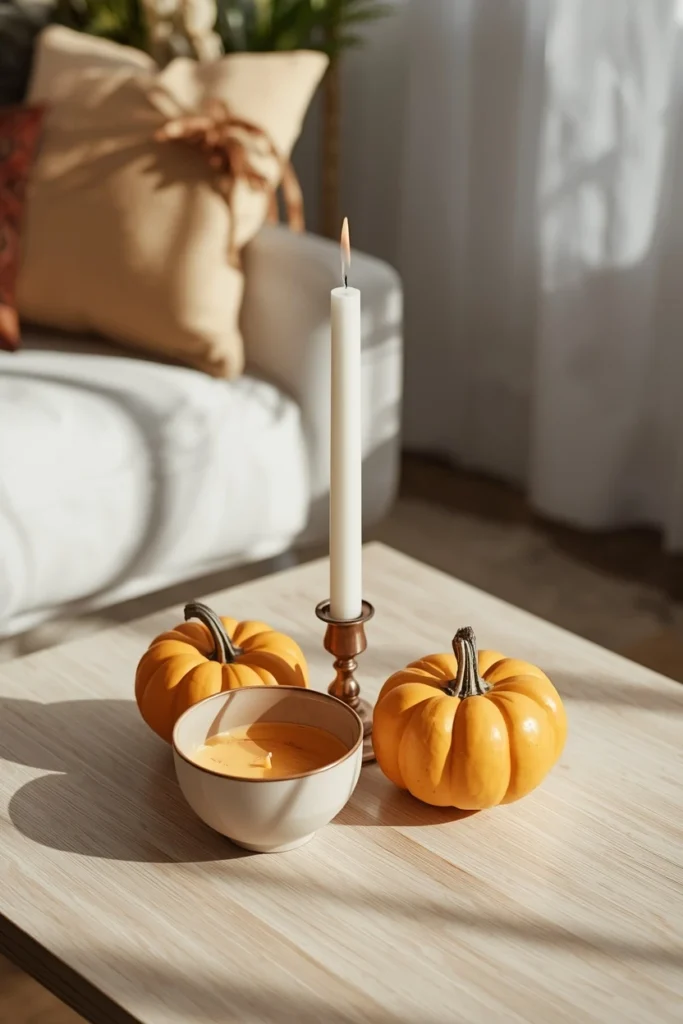  coffee table vignette, featuring objects arranged in a clear triangular composition