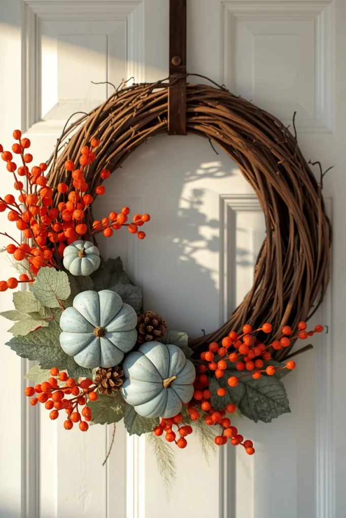 24 Fall Wreath Ideas to Welcome the Season in Style 8 front door close-up, featuring a grapevine wreath with dusty blue faux pumpkins layered against fiery orange branches