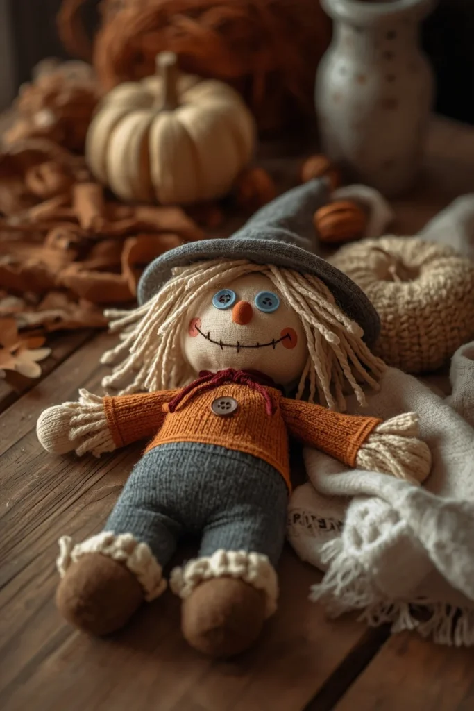 19 Fun DIY Scarecrow Ideas for fall that Kids Will Love Making 8 craft table close-up, featuring a soft stuffed sock scarecrow doll with button eyes, felt hat,