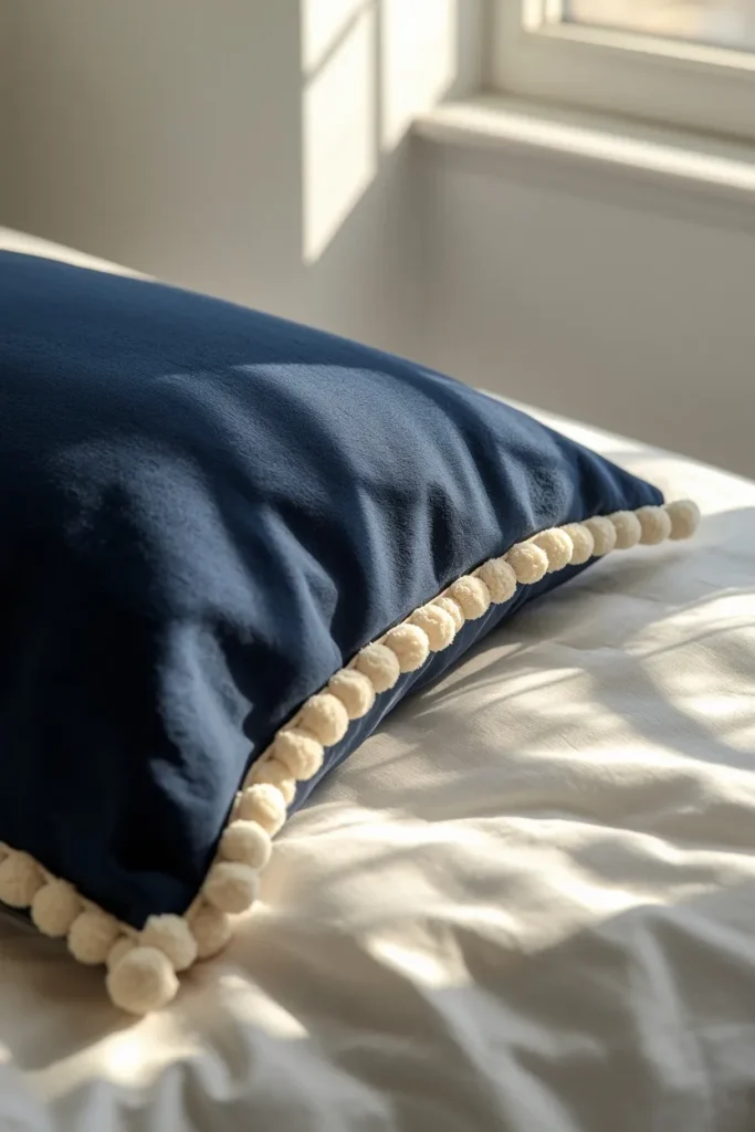 15 FunHaus Interior Ideas for a Bold, Playful Home That Breaks the Rules 8 bedroom styling shot, featuring a solid navy throw pillow finished