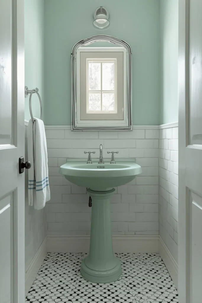 21 Green Bathroom Ideas That Bring Nature's Calm Into Your Home 8 powder room, featuring a vintage mint green pedestal sink