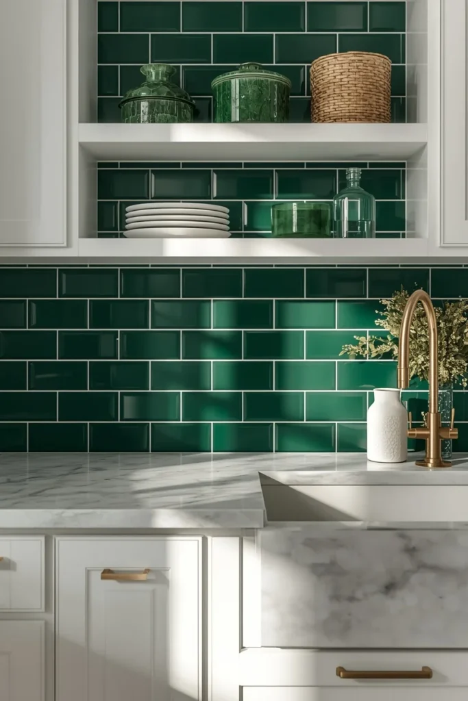 17 Green Kitchen Designs That Feel Bold, Fresh & Totally Unexpected 8 kitchen, featuring a glossy emerald green subway tile backsplash with white grout