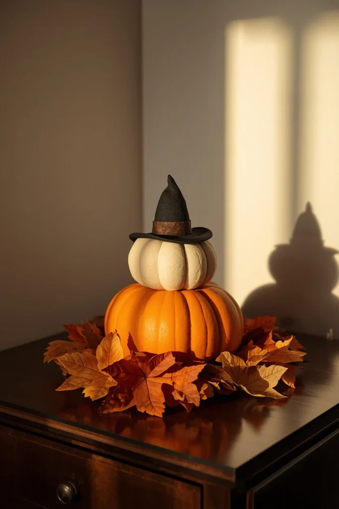 medical waiting room side table, featuring a stacked faux pumpkin centerpiece 
