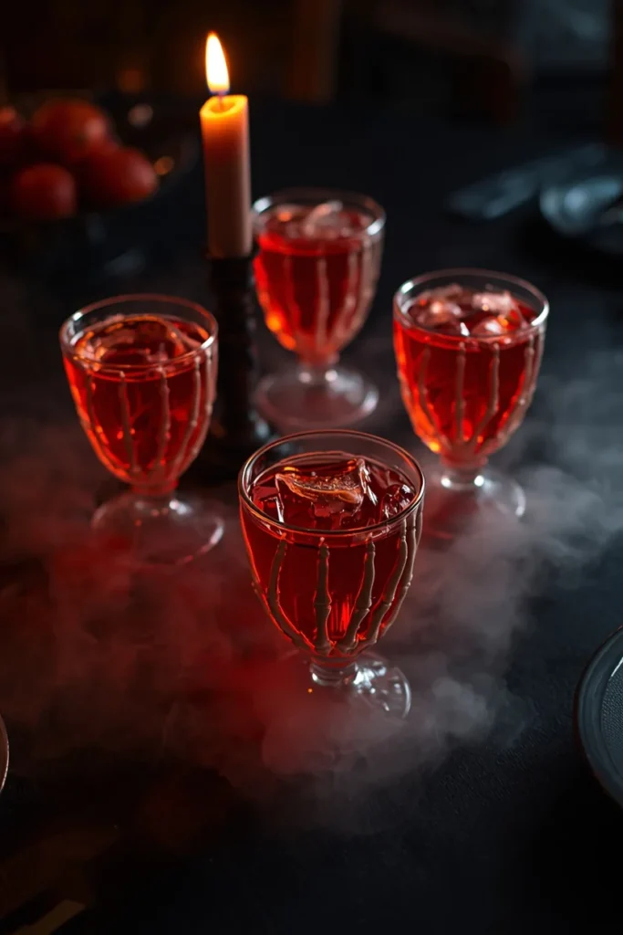 tablescape detail shot, featuring skeleton-hand-shaped glasses filled with deep red punch