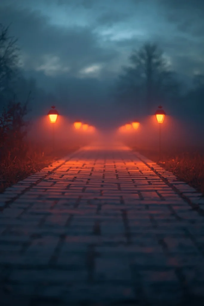 18 Halloween Walkway Ideas That Set the Spooky Mood Early 8 Halloween foggy walkway, featuring thin rolling ground fog illuminated by warm orange path