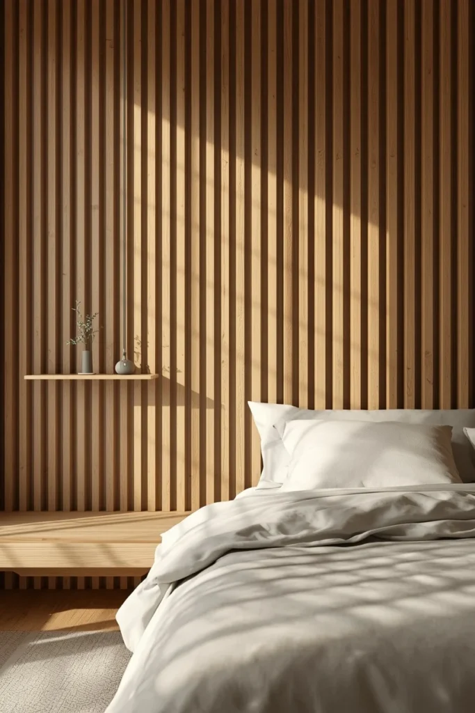 Japandi bedroom, featuring a vertical warm oak wood slat feature wall behind a low platform bed