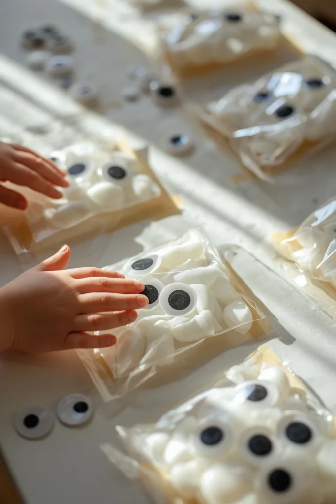  sensory play table, featuring sealed clear plastic bags filled with white gel 